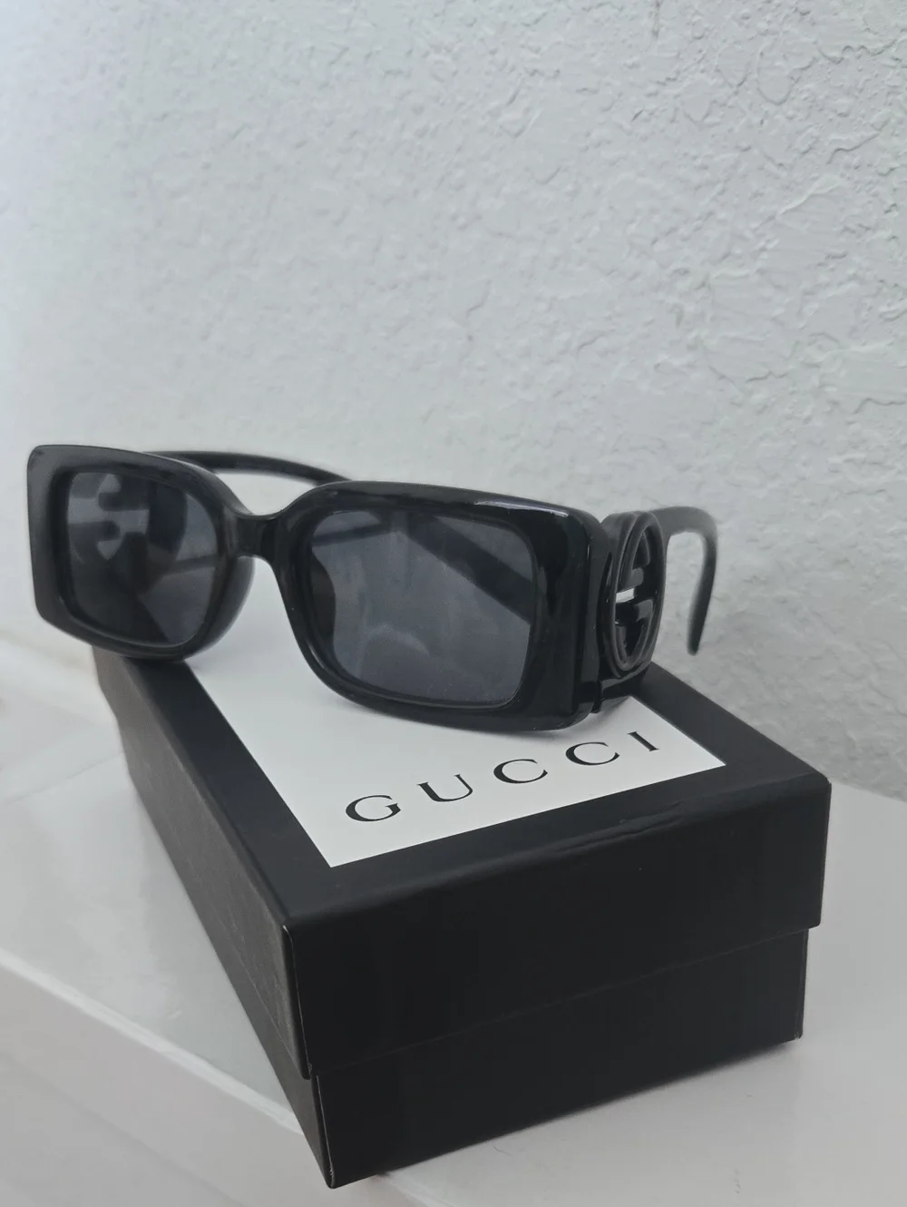 Men's Black Rectangular Sunglasses with Iconic GG Temples